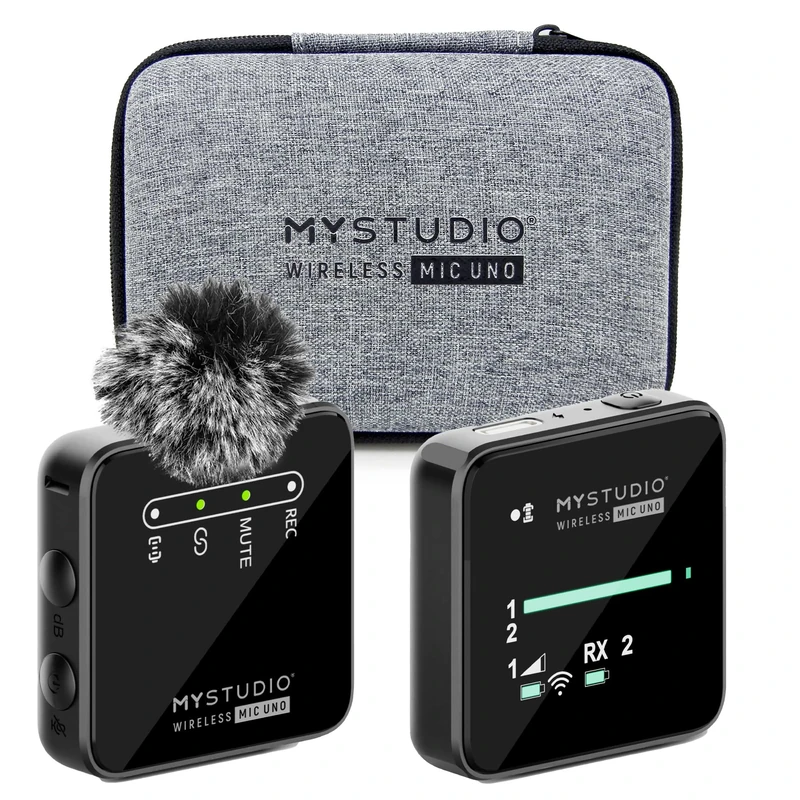 MyStudio Wireless MIC UNO • Microphone Set with Lavalier Lapel Microphone • Cordless • Compatible with Smartphones and Cameras • Hard Case Included