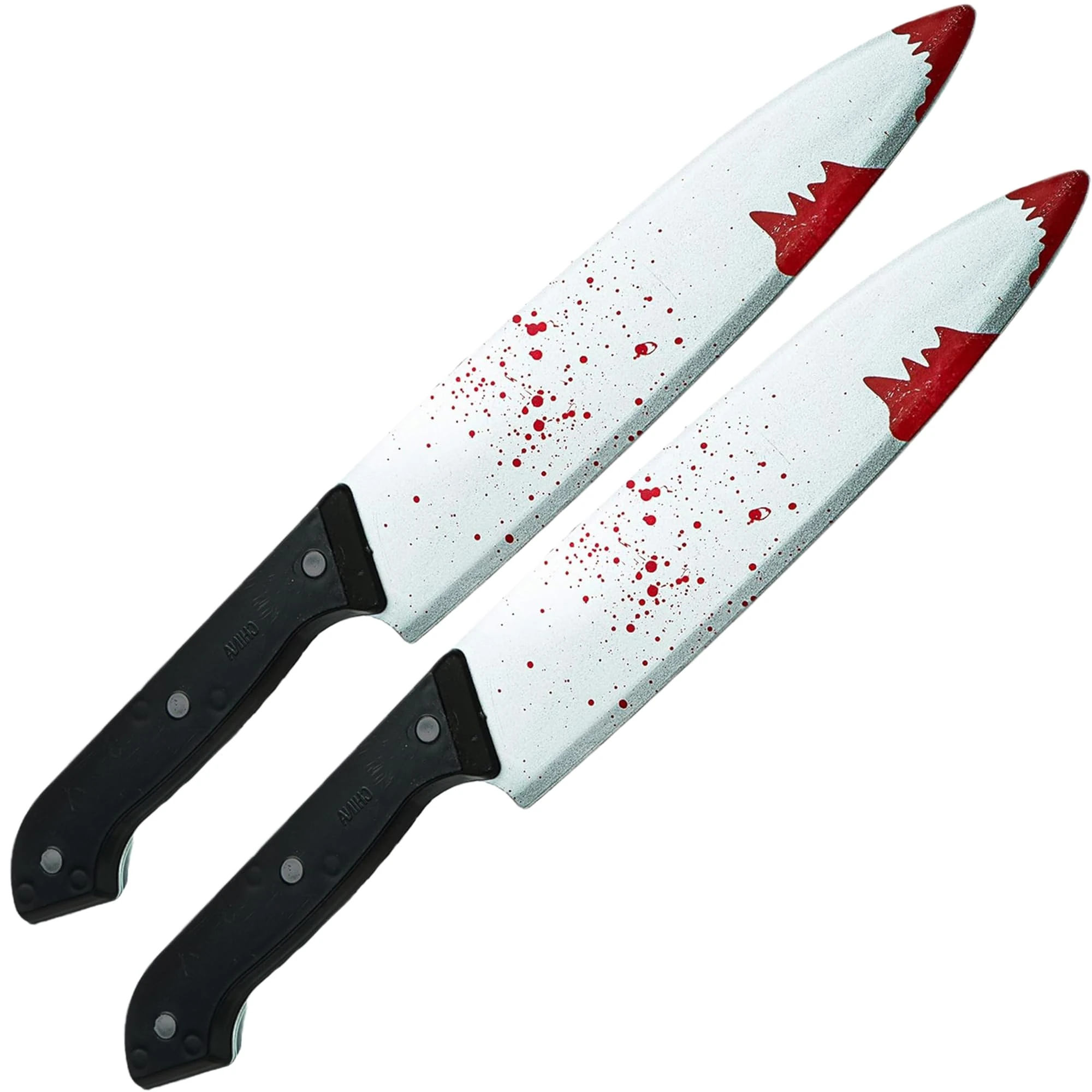 2pc Fake Knife with Blood Halloween Costume Accessories - 2 Pack of 30cm Fake Kitchen Halloween Knives Fancy Dress Accessories for Serial Killer Costume - Horror Slasher Fancy Dress Props