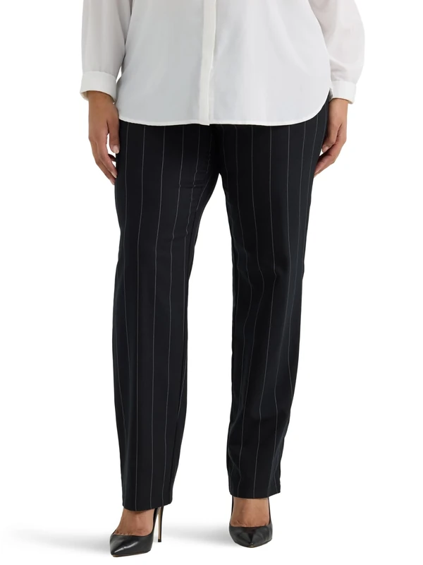 Lee Women's Plus Size Wrinkle Free Relaxed Fit Straight Leg Pant, Black Pinstripe, 22 Long