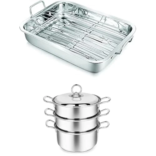 Pebguin Home Ultimate Kitchen Combo : Roasting Rack (Large 37 x 28cm) & 3-Tier Steamer Set (20cm)