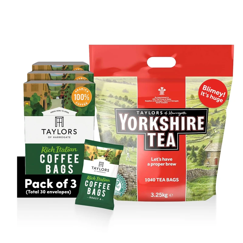 Yorkshire Tea Bundle (Total of 1040 Tea Bags) + Taylors of Harrogate Rich Italian Coffee Bags, 3 Boxes of 10 (Total 30 Bags) – Perfect for the Office