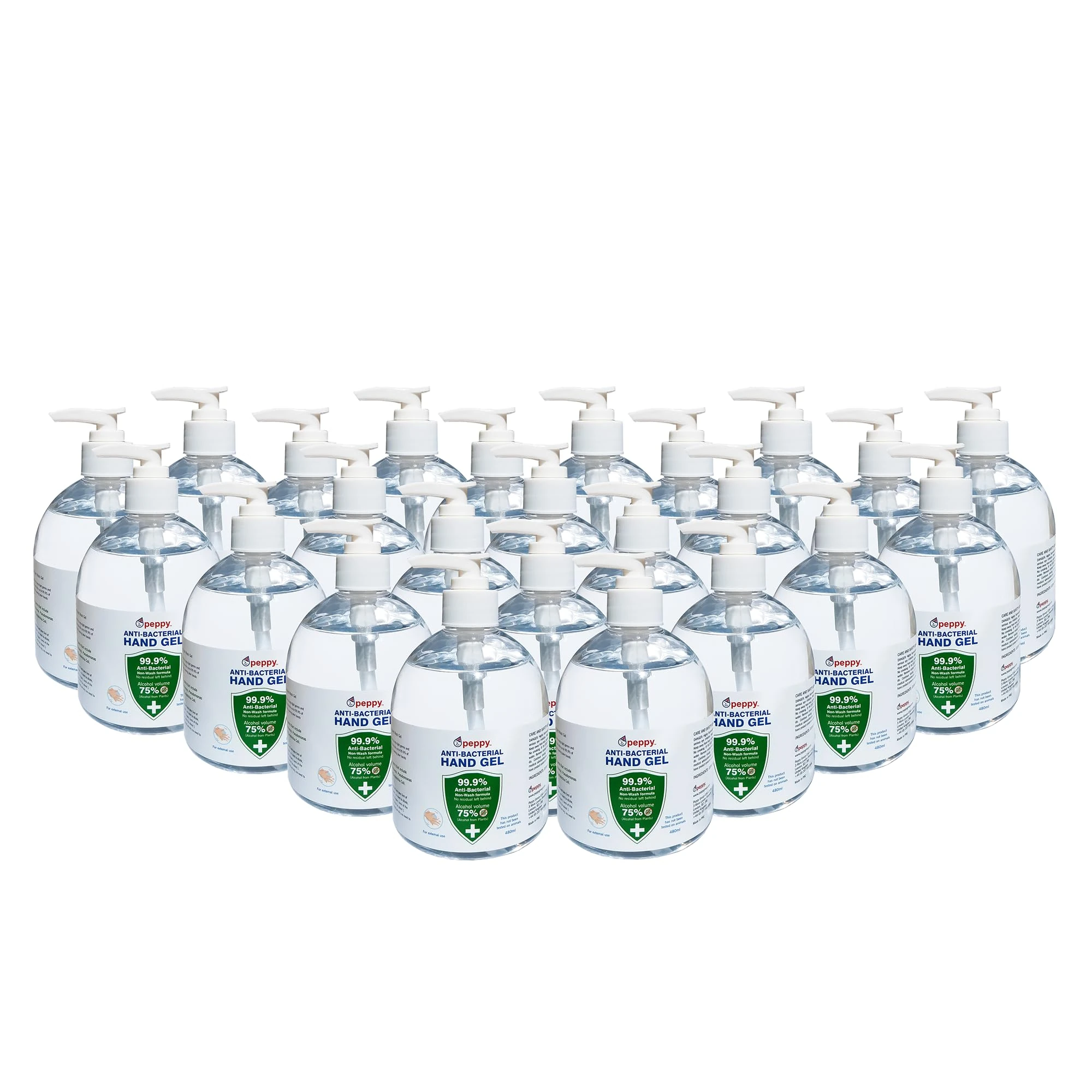 24 x 480ml Hand Sanitiser Gel by PeppyPure - Made With 75% Plant-Based Alcohol - Kills 99.9% of Bacteria - EU Compliant