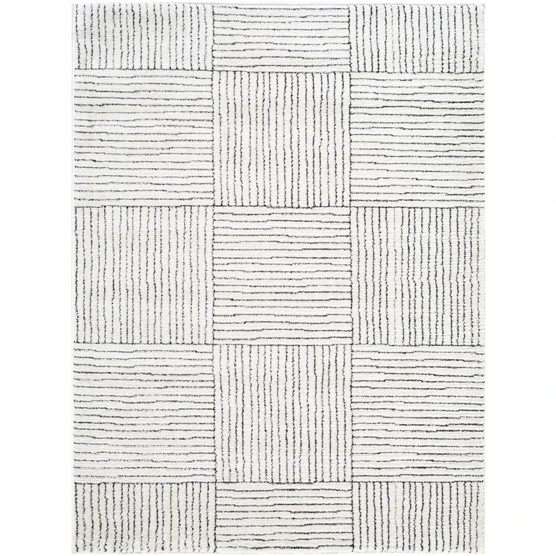 Livabliss x Galey Alix Shaggy Rug - Modern Berber Rugs Living Room, Large 160x213 cm, Soft Shaggy Rugs for Bedroom - Neutral Boho Fluffy Rug, Easy Care Plush Thick Pile - Ivory, Black Stripe