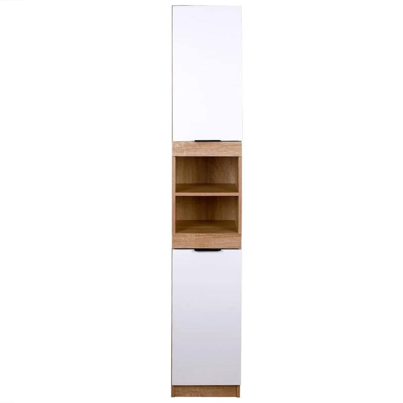 Shally Dogan Space-Saving High Column Cabinet, 2 Doors and 2 Shelves, Narrow Freestanding Cabinet, Multipurpose Storage Cabinet, Living Room, Bathroom, Kitchen, Bookcase, Office (White + Oak)