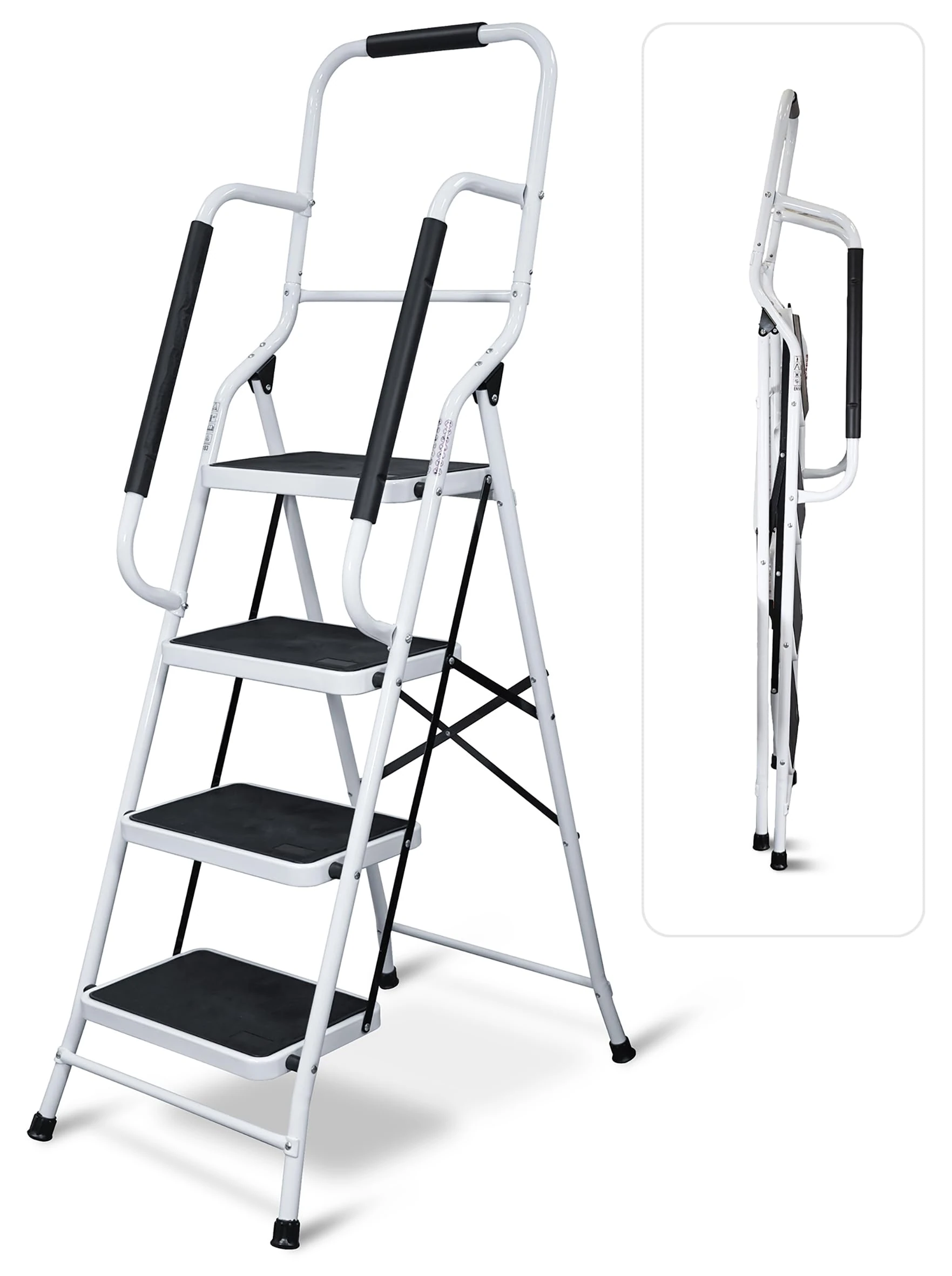 Aidapt 4 Stepladder with Dual Handrails, Folding, Space Saver, Extra Wide Rubber Treads, Non-Slip Rubber Feet, Durable Steel, for Home DIY, Gardening, Workplace, Kitchen Step Stool,