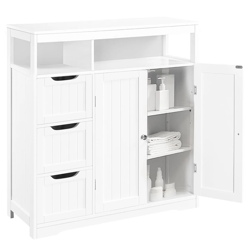 Shally Dogan White Wooden Bathroom Cabinet with 3 Drawers, 2 Doors and 2 Shelves Space-Saving Multi-Purpose Floor Unit for Living Room Kitchen Office Wardrobe 80.5 x 30 x 86.5 cm