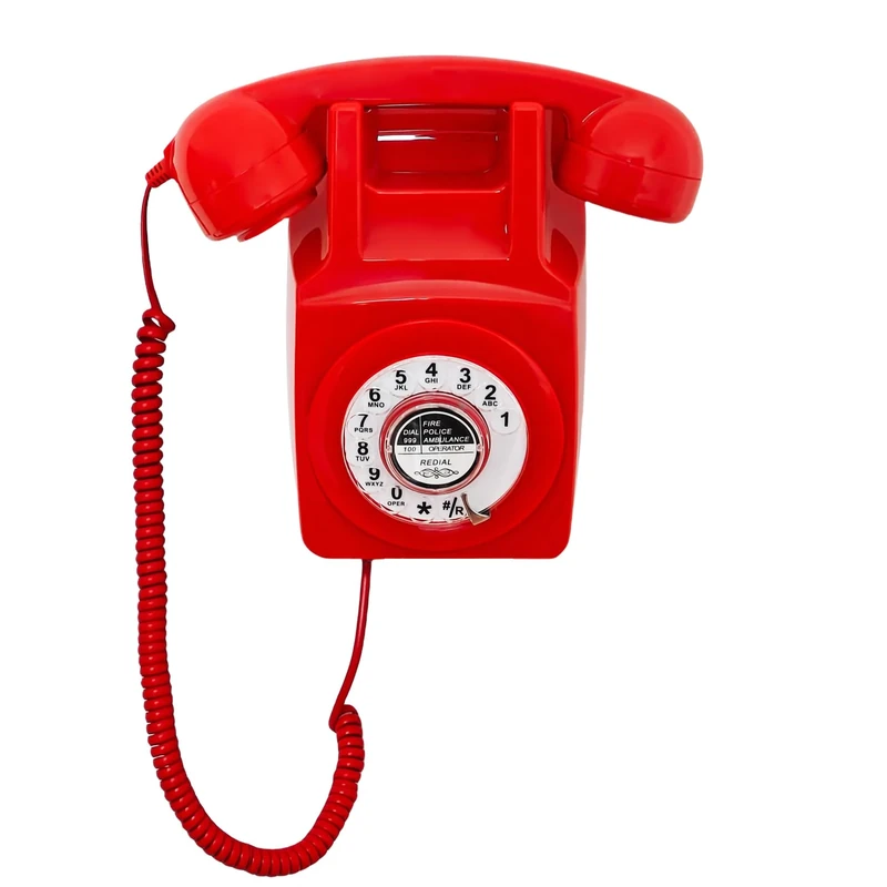 Corded Wall Phone with Redial, Red Retro Landline Telephone, Old Fashion Wall Mount Phone with Redial for Home/Office/Hotel/School,Vintage Rotary Dial Telephone Set