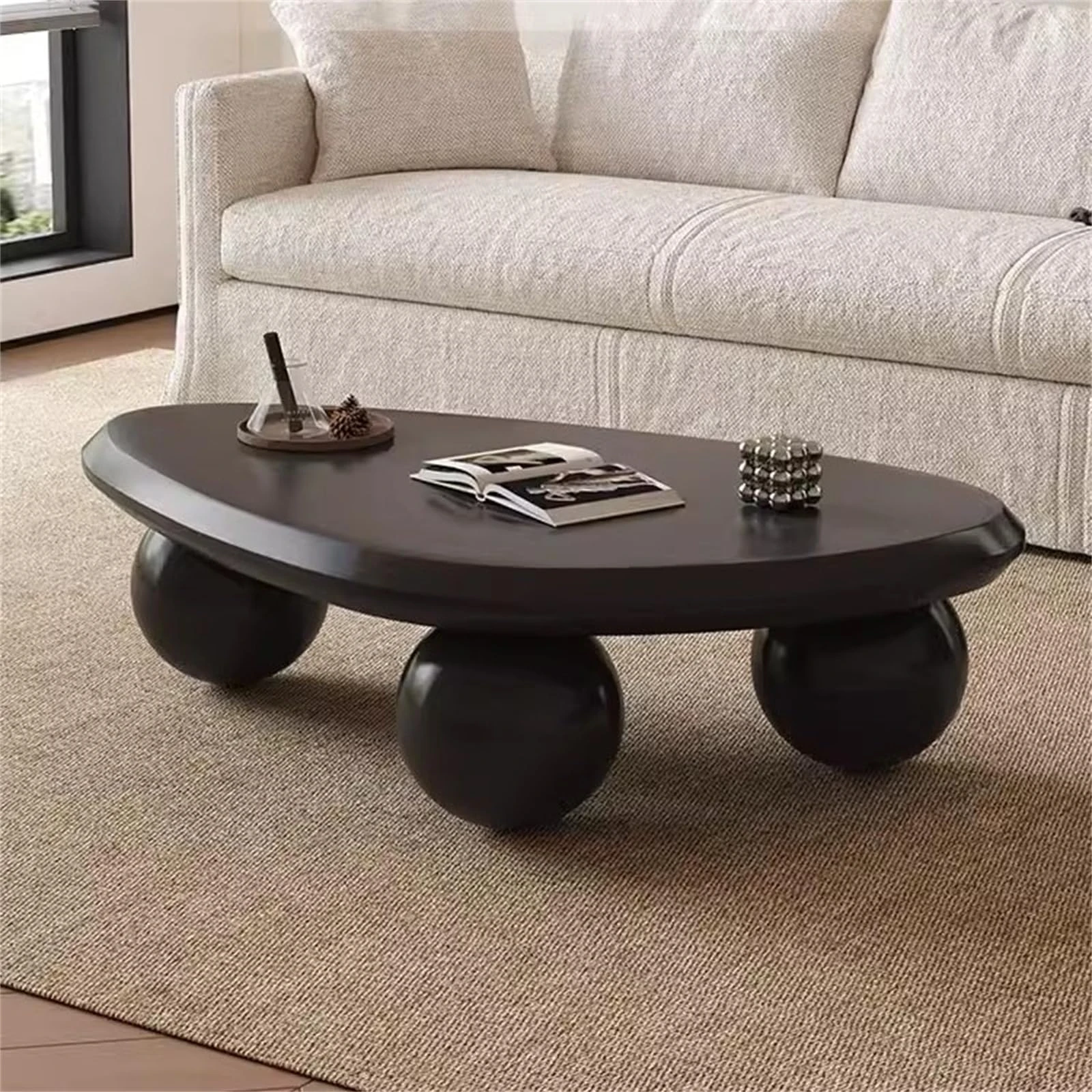 DAXUESEH Irregular Coffee Table Modern Wood Cloud Shape End Table Low Coffee Table for Living Room Cloud Coffee Table with 3 Ball Legs for Living Room Bedroom,Black