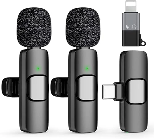 KUKIHO Wireless Lavalier Microphone for iPhone iPad and Android Phone, 2 Pack Lapel Mic Plug and Play Wireless Mic Noise Reduction Microphone for Video Recording Interview