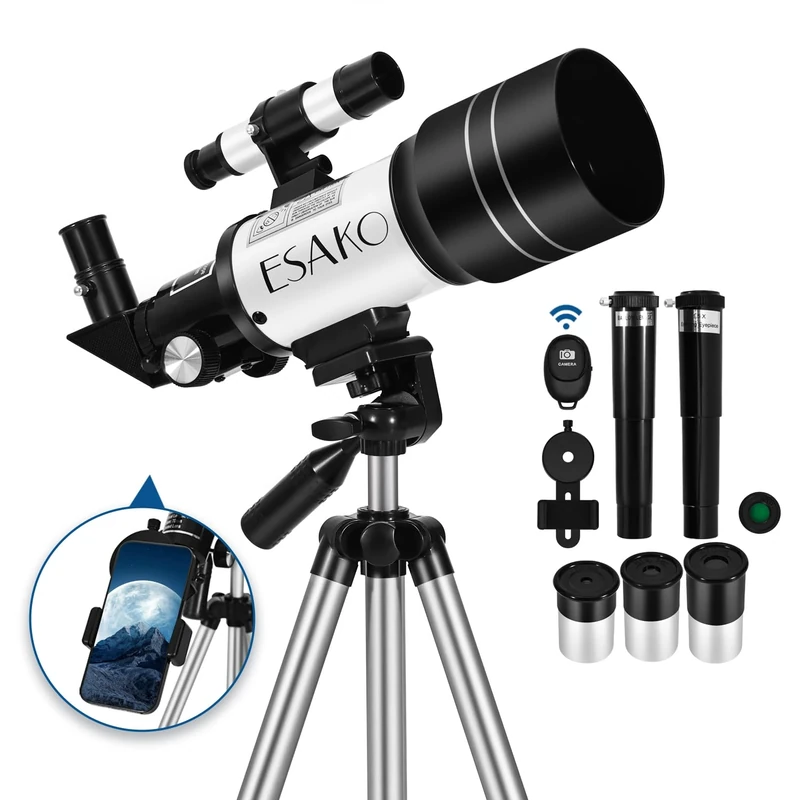 ESAKO Telescope for Kids & Adults, 70mm Portable Beginner Telescopes with 3 Eyepieces, Height Adjustable Tripod & Phone Adapter