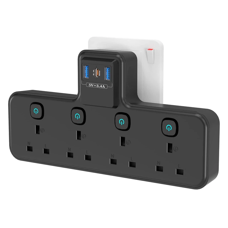 Multi Plug Extension Socket with PD20W USB C Slot, 4 Way Plug Adapter with Independent Switches 3 USB, PASSUS 13A 3250W UK Wall Adaptor Built-in Surge Protector for Home, Office, Kitchen