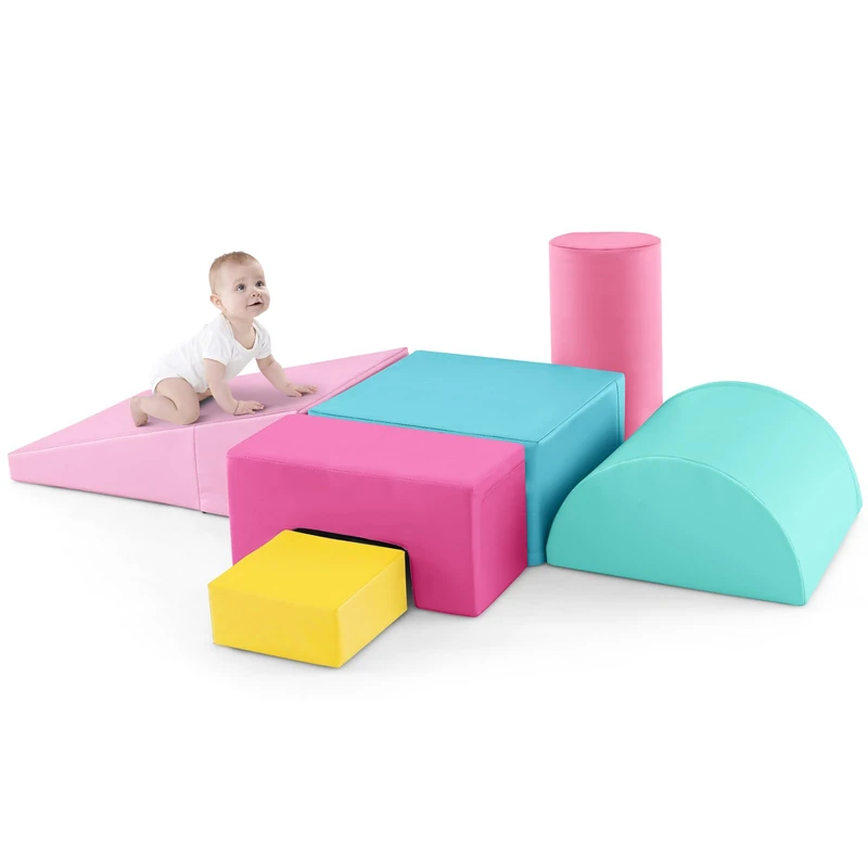 GYMAX Soft Play Equipment, 6-Piece Kids Activity Set, Baby Soft Foam Blocks Interactive Toy for Climbing, Sliding & Crawling (Pink)