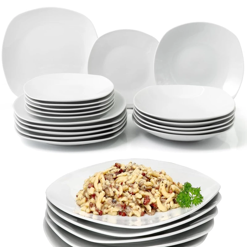 Shally Dogan 18-Piece Porcelain Dinner Set for 6 People, Set Consisting of 6 x Dinner Plates, 6 x Base, 6 x Dessert and Fruit, Modern Smooth Design (Square White)