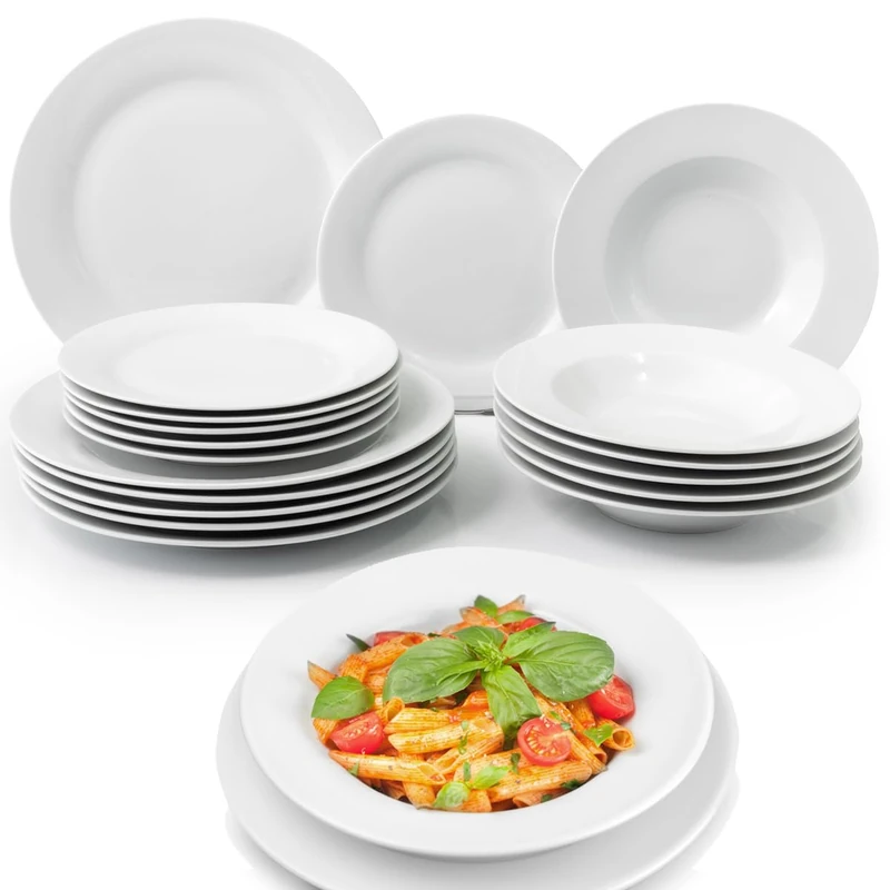 Shally Dogan 18-Piece Porcelain Dinner Set for 6 People, Set Consisting of 6 x Dinner Plates, 6 x Base, 6 x Dessert and Fruit, Modern Smooth Design (White)