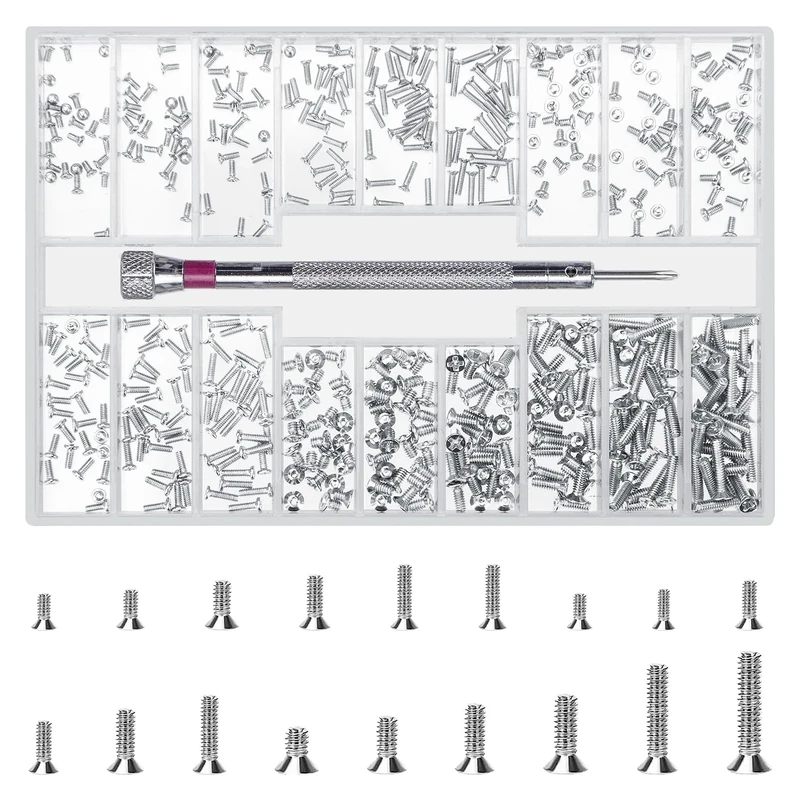 QOOSIKICC 500 Pcs Small Screws Set, M1.2 M1.4 M2 Micro Mini Tiny Flat Head Stainless Steel Watch Computer Glasses Repair Screws for Laptop Sunglasses Spectacles (M)