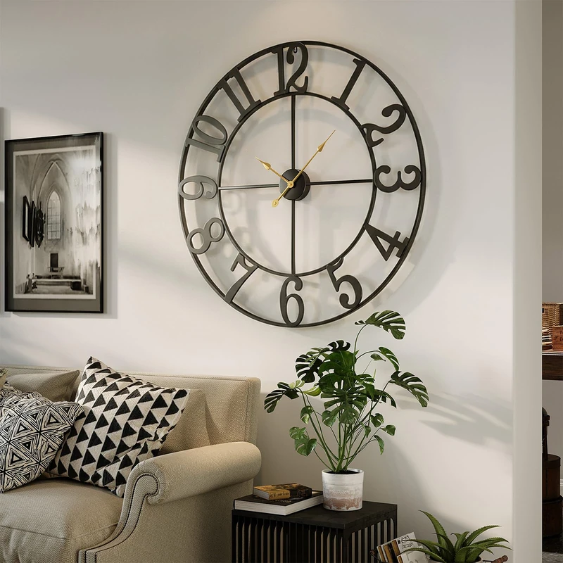 Cuspin 36 Inch Wall Clock, Large Wall Clock Decorative for Living Room, Arabic Numerals Non Ticking Battery-Operated Metal Round Modern Black Wall Clocks for Kitchen, Bedroom, Dining Room, Office