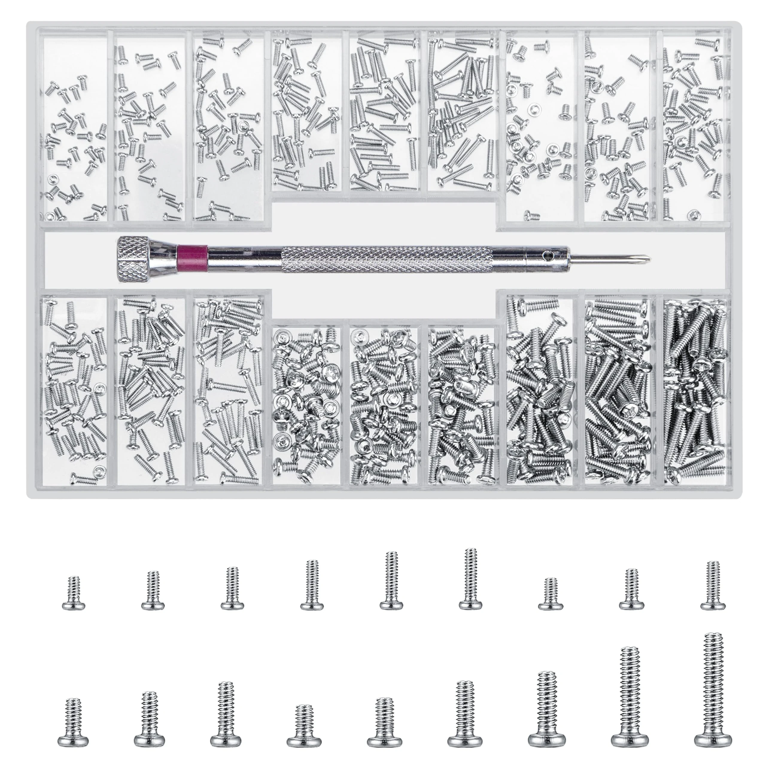 QOOSIKICC 500 Pcs Small Screws Set, M1.2 M1.4 M2 Micro Mini Tiny Pan Head Stainless Steel Watch Computer Glasses Repair Screws for Laptop Sunglasses Spectacles (L)