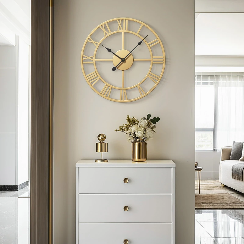 Cuspin 24 Inch Large Wall Clock, Gold Clocks for Living Room Decor, Silent Non Ticking Battery-Operated Metal Round Wall Clock Decorative Modern Design Home Decor - Roman Number