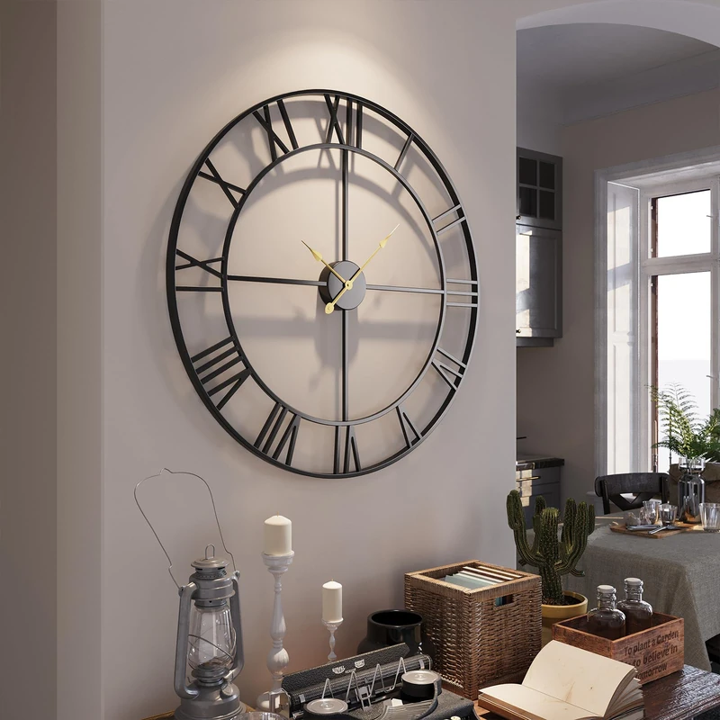 Cuspin 36 Inch Extra Large Wall Clock, Black Metal Roman Numeral Wall Clock, Silent Non Ticking Battery Operated Decorative Round Wall Clock for Living Room, Entryway, Dining Room, Office