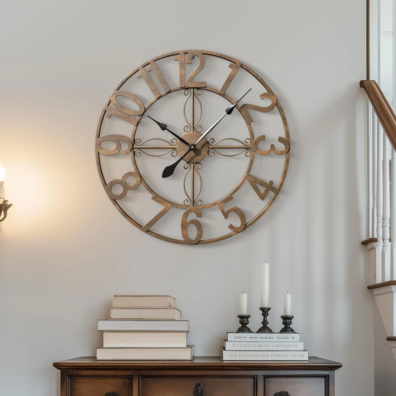 Cuspin 24 Inch Wall Clock Bronze, Large Rustic Decorative Metal Wall Clock with Arabic Numerals, Battery Operated Silent Non Ticking Round Analog Clock for Living Room, Bedroom, Kitchen, Office