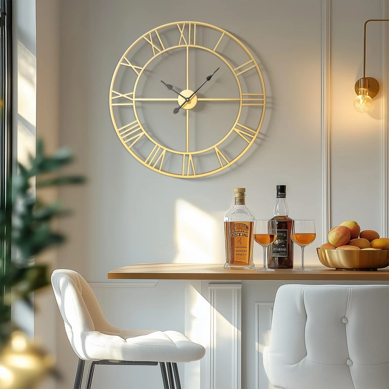 Cuspin Large Gold Wall Clock, 30 Inch Decorative Wall Clocks for Living Room, Silent Non Ticking Battery-Operated Roman Number Clock, Gold Metal