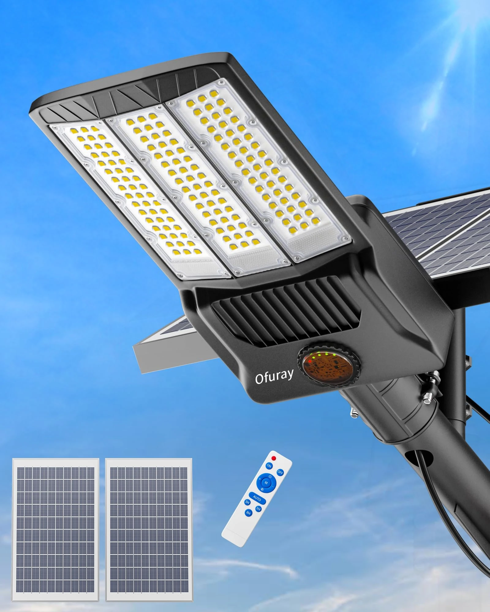 Ofuray Of-10000W Solar Street Lights Outdoor, 6500k Solar Floodlight Commercial Dusk to Dawn, IP67 Waterproof Solar Security Light with Remote Control for Court,Yard, Garden
