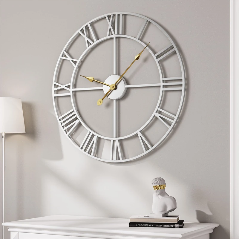 Cuspin 30 Inch Large Wall Clock, Modern Silver Metal Big Decorative Wall Clock Home Decor, Battery-Operated Roman Numeral Analog Metal Round Wall Clocks for Living Room, Bedroom, Office