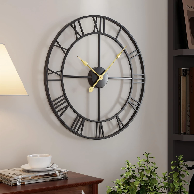 Cuspin 24 Inch Large Wall Clock, Black Metal Decorative Wall Clock with Roman Numerals, Silent Non Ticking Battery Operated Round Modern Vintage Wall Clock for Living Room, Bedroom, Kitchen, Office