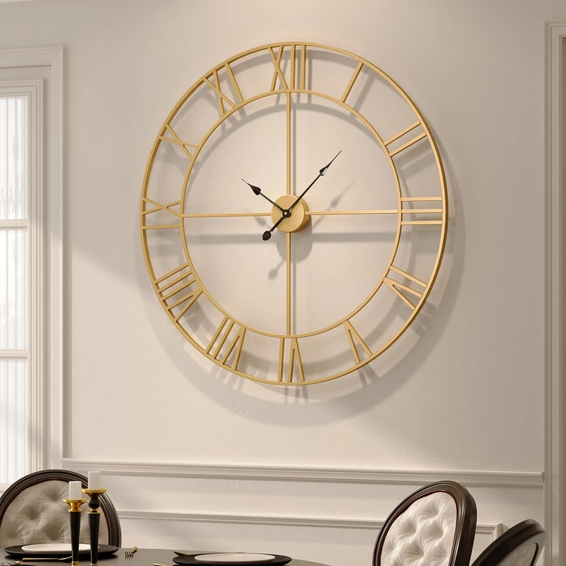 Cuspin 36 Inch Gold Large Wall Clock, Silent Non Ticking Battery Operated Metal Roman Numeral Decorative Wall Clock for Living Room, Dining Room, Bedroom, Office, Kitchen, Entryway