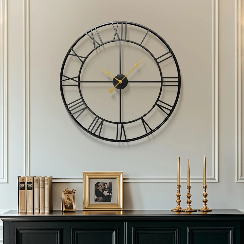 Cuspin Large Wall Clock 30 Inch Clocks for Living Room Decor, Black Metal Roman Numeral Wall Clock, Silent Non Ticking Battery Operated Decorative Round Clock for Entryway, Dining Room, Office