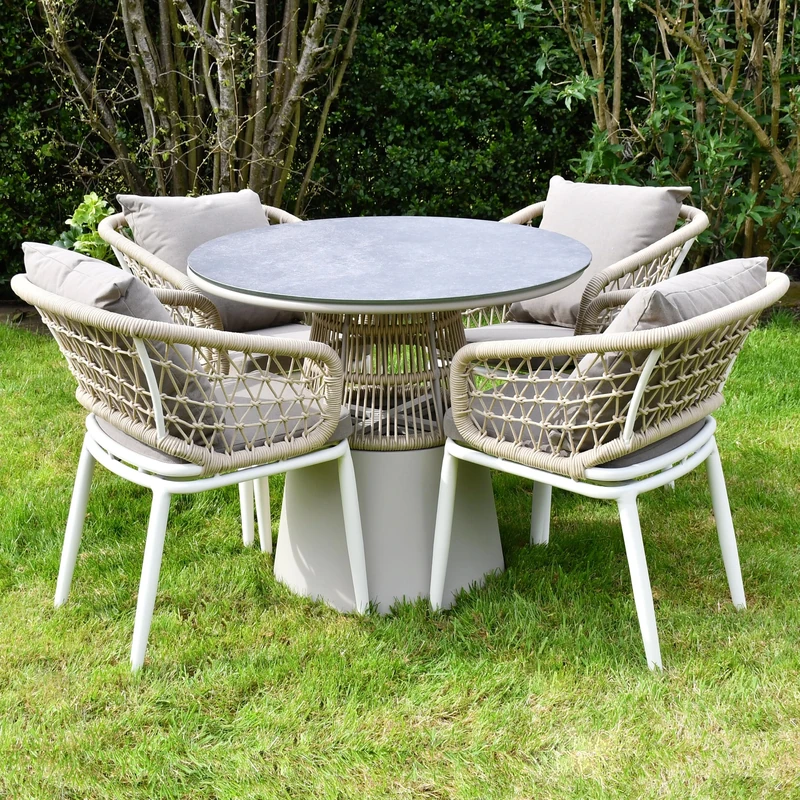 SAC Deluxe Rope 4 Chairs and Round Table Set, Modern Design, Durable Aluminium and Rope, Waterproof, Indoor, Outdoor Dining Furniture