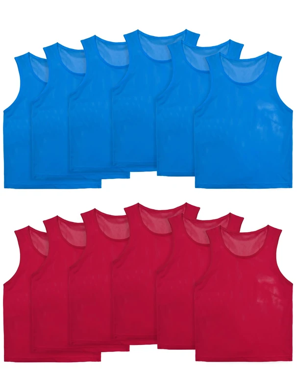VOGRYE Pinnies Scrimmage Vests, Team Practice Sports Jersey for Child Youth/Teen/Adult, Lightweight, Set of 12/24, 6-red + 6-blue, Teen/Adult