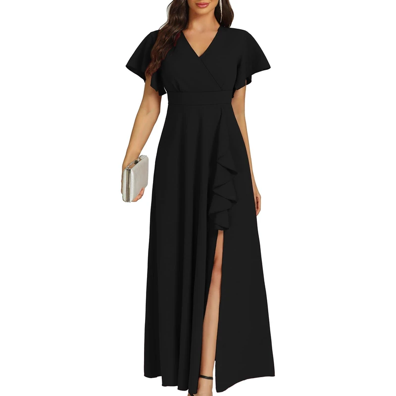 COOAN Women's Black Long Formal Dresses Cocktail Wedding Guest Dresses Ruffle Split Elegant V Neck Party Gowns, Black-t30, XXL