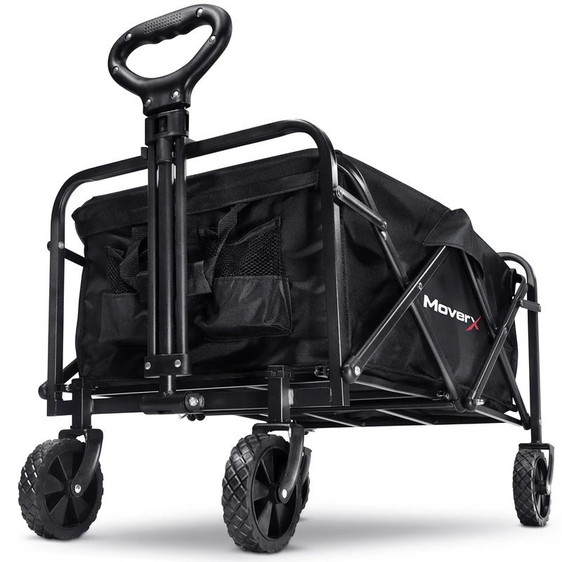 MoverX 70L Festival Trolley on Wheels, Folding Wagon, Portable Camping Cart, Collapsible Foldable Trolly for Beach Outdoor Garden Picnic Shopping Fishing, Wide Wheels, Adjustable Handle, Black