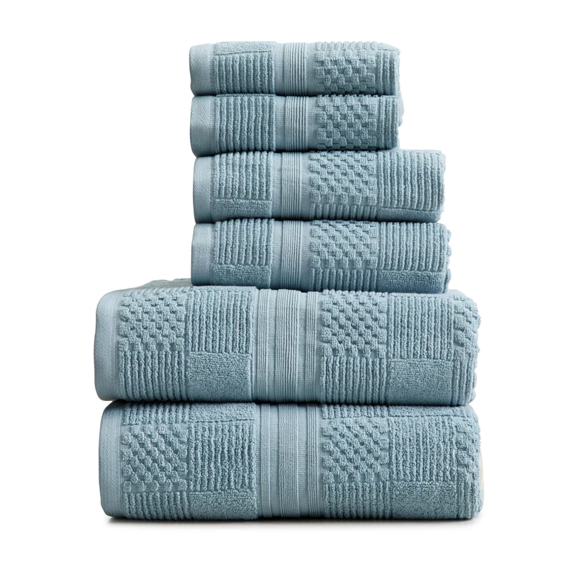 Springtree Home 100% Cotton Towel Set | Geometric Textured Design | Absorbent Quick-Dry 2 Bath Towels 2 Hand Towels & 2 Washcloths |Oeko-Tex® Standard 100 Myla Collection (Arona Blue - 6 Piece Set)