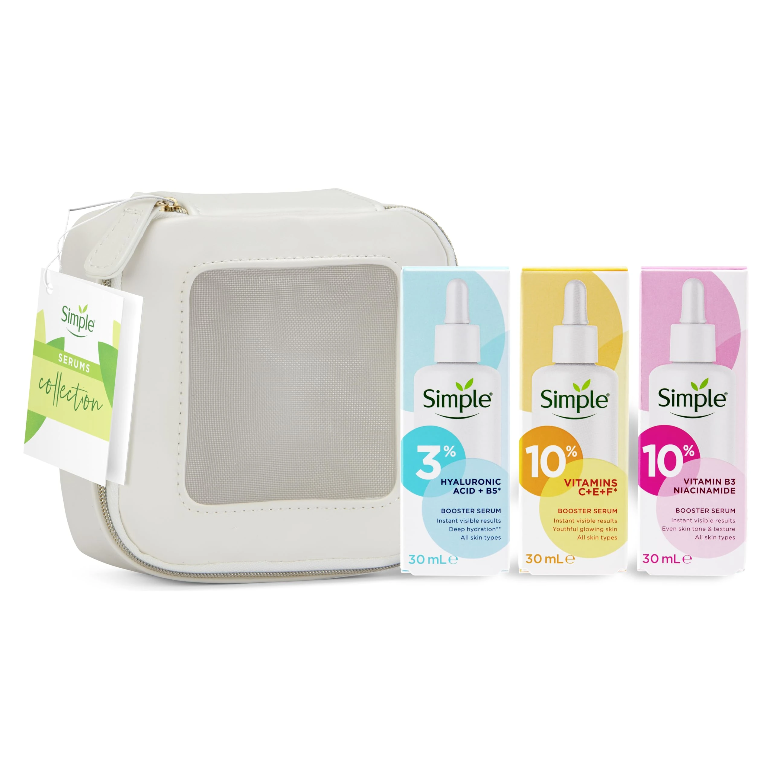 Simple Booster Serum Collection 3 piece Gift Set with a small Travel Beauty Bag