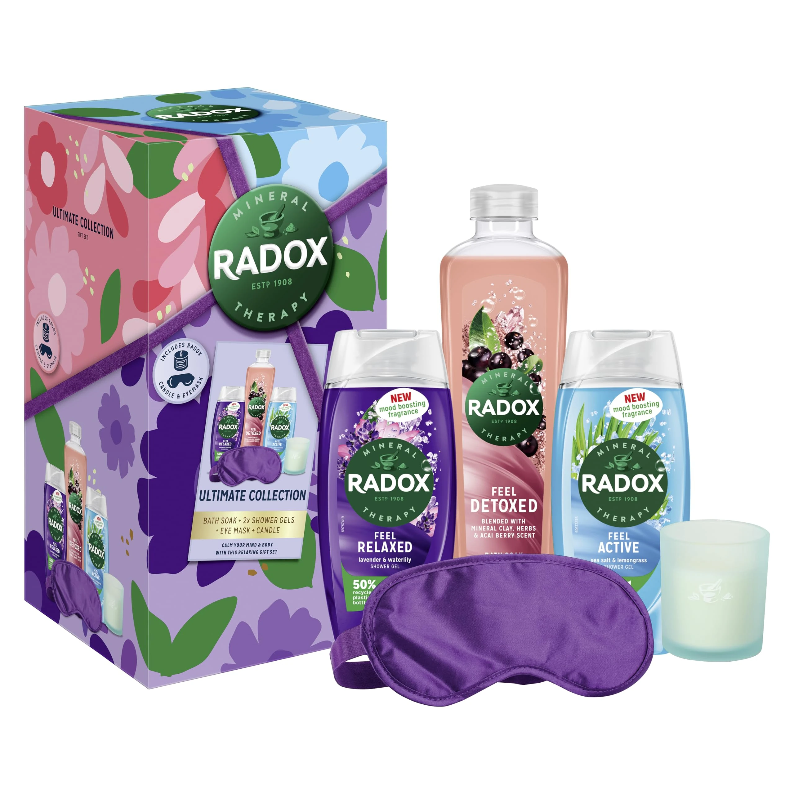 Radox Ultimate Collection with a Candle, Eye Mask, Shower Gel & Bath Soak Gift Set perfect gift for any occasion 3 piece