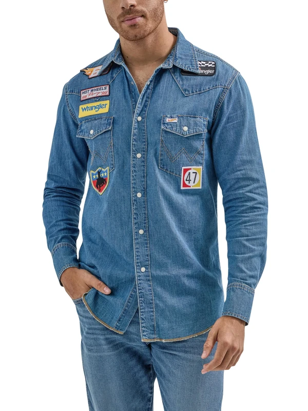Wrangler Men's X Hot Wheels Denim Work Shirt, Light Blue Denim, Large - Image 1