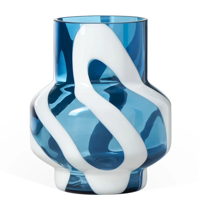 Torre & Tagus White Striped Clear Blue Vase for Centerpieces - 8 Inch Tall Blue Glass Vase for Flowers & Modern Home Decor, Large Decorative Accents for Living Room Decor or Large Bouquet Flower Vase
