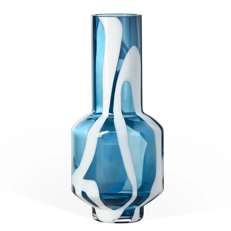 Torre & Tagus White Striped Clear Blue Vase for Centerpieces - 12 Inch Tall Blue Glass Vase for Flowers & Modern Home Decor, Large Decorative Accents For Living Room Decor or Large Bouquet Flower Vase