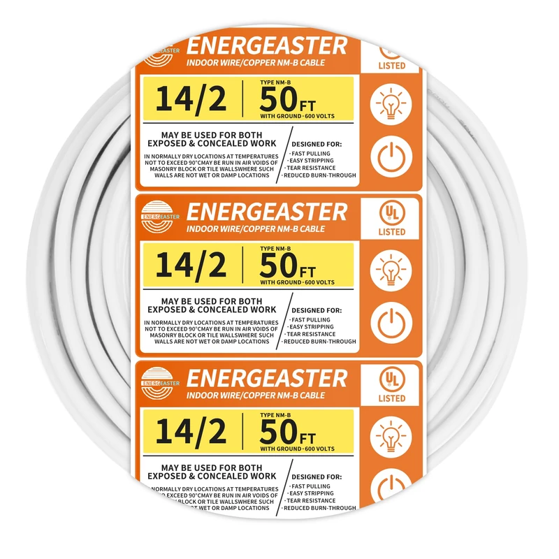 Energeaster Solid Indoor 14/2 W/G NMB Cable 50ft Coil，Electrical Wire 14 Gauge Wire 2 Conductors Non-Metallic with Ground Wire(White)
