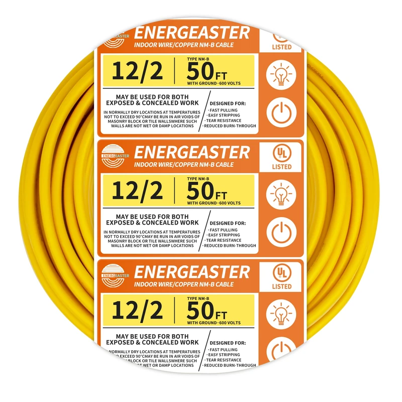 Energeaster Solid Indoor 12/2 W/G NMB Cable 50ft Coil，Electrical Wire 12 Gauge Wire 2 Conductors Non-Metallic with Ground Wire(Yellow)