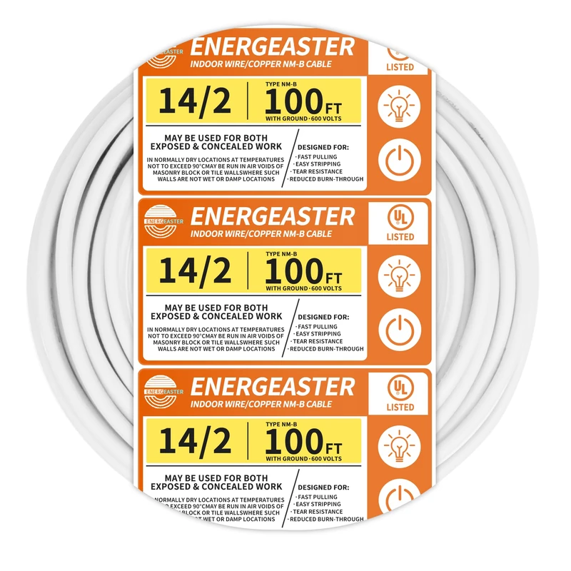 Energeaster Solid Indoor 14/2 W/G NMB Cable 100ft Coil，Electrical Wire 14 Gauge Wire 2 Conductors Non-Metallic with Ground Wire(White)