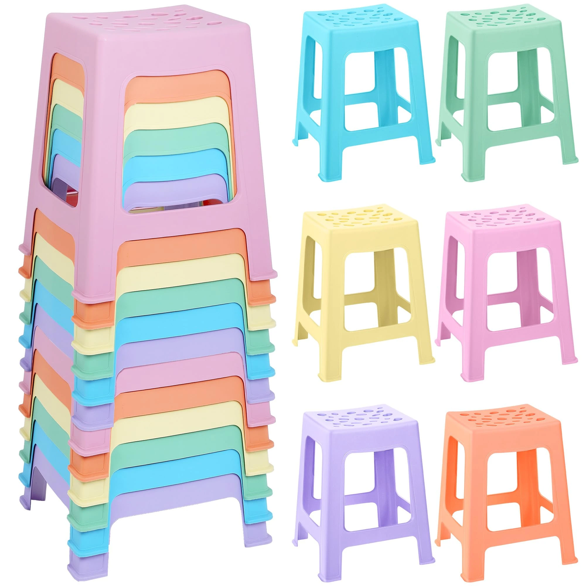 TURSTIN 12 Pack Plastic Stools 16.9 Inch 6 Macaron Colored Nesting Stools Portable Backless Bar Stool Flexible Seating Chairs for Classroom Office Home