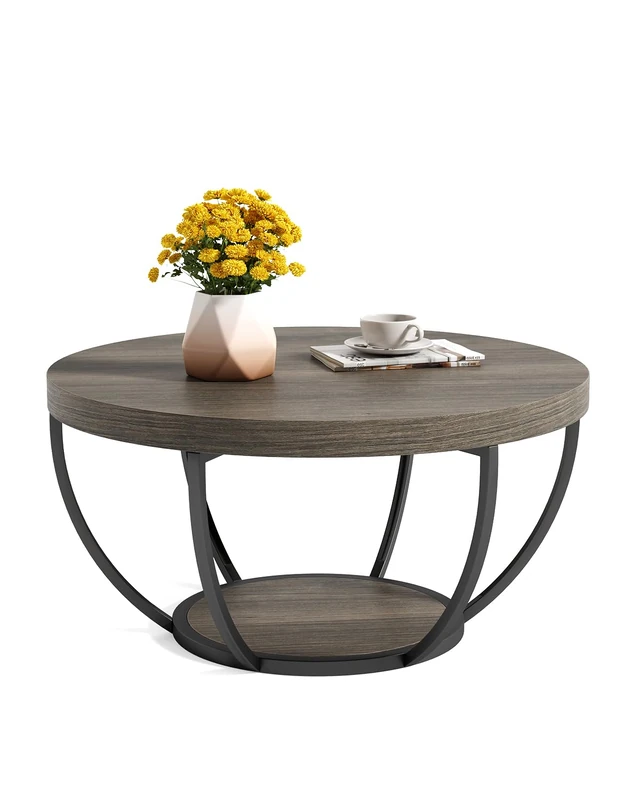 LITTLE TREE Round Coffee Table, 32 Inch Round Coffee Table for Living Room, 2 Tier Wooden Side Center Table with Open Storage, Industrial Design Home Furniture (Brown and Black)