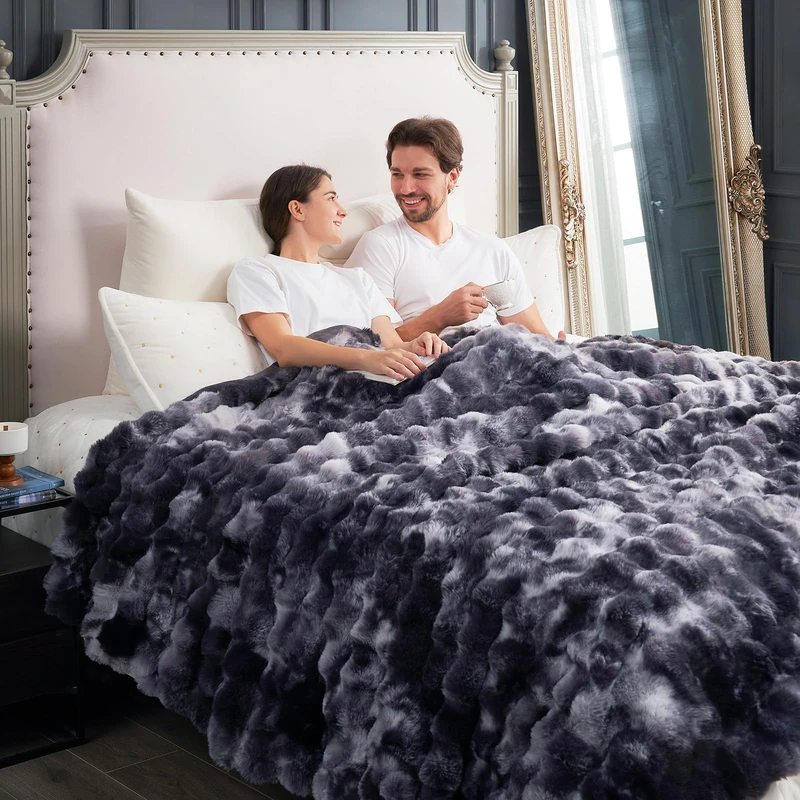 Cozy Bliss Faux Fur Throw Blanket for Couch, Fuzzy Soft Plush Thick Bubble Blanket for Sofa Bedroom Living Room, 108 * 90 Inches Tie Dye Black