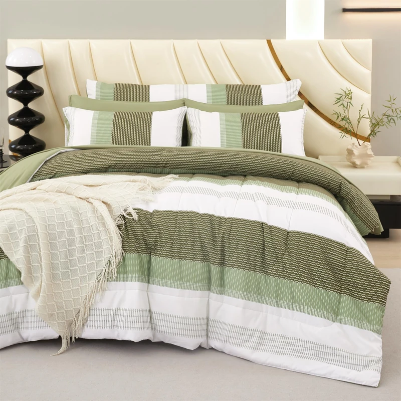 RYNGHIPY Olive Green Striped Bedding Bed Sets: 8 Pieces Soft Lightweight Bed in A Bag Queen Size Microfiber Down Alternative Comforter Sets with Corner Loops (Queen,Olive Green)