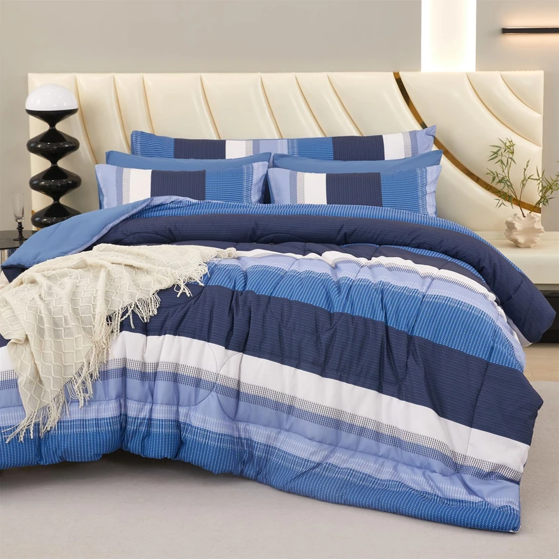 RYNGHIPY Navy Blue Comforter Set Queen Size: 8 Pieces Bedding Set Colorblock Stripe Lightweight Soft All Season Comforter Sets with Sheets Pillowcases (Queen,Navy)