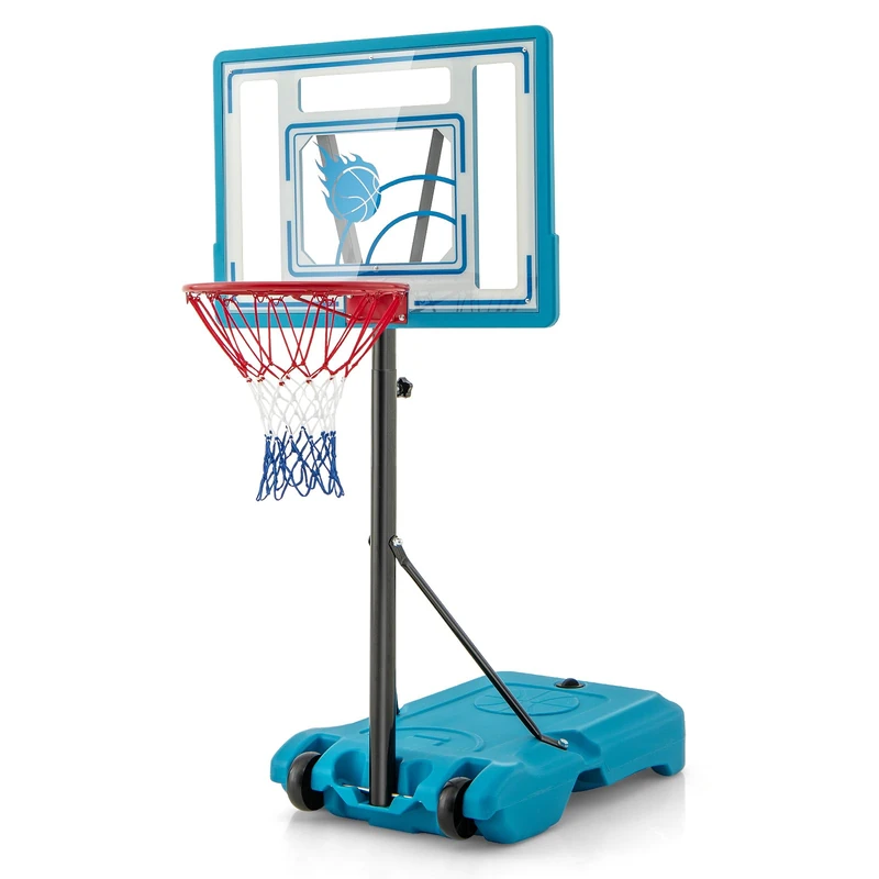 GYMAX Swimming Pool Basketball Hoop, 3.8-4.4FT Height Adjustable Poolside Basketball Goal System with Wheels and Fillable Base, Outdoor Indoor Portable Basketball Net Set (Blue)