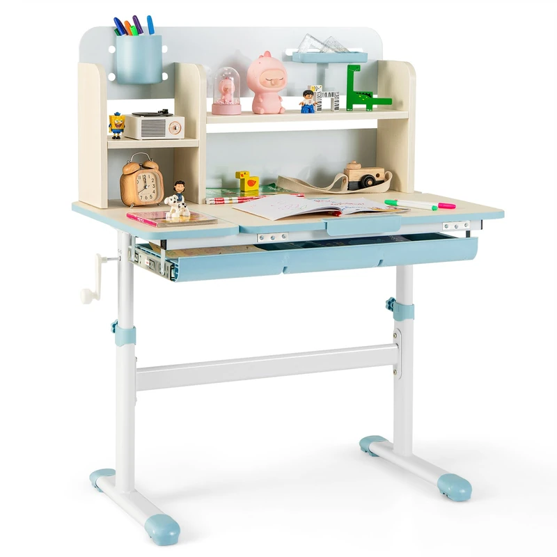 GYMAX Kids Desk, Height Adjustable Writing Table with Tiltable Desktop, Storage Shelf, Drawer, Pen Holder & Ruler, School Home Children Study Desk for 3-12 Years Old Boys Girls